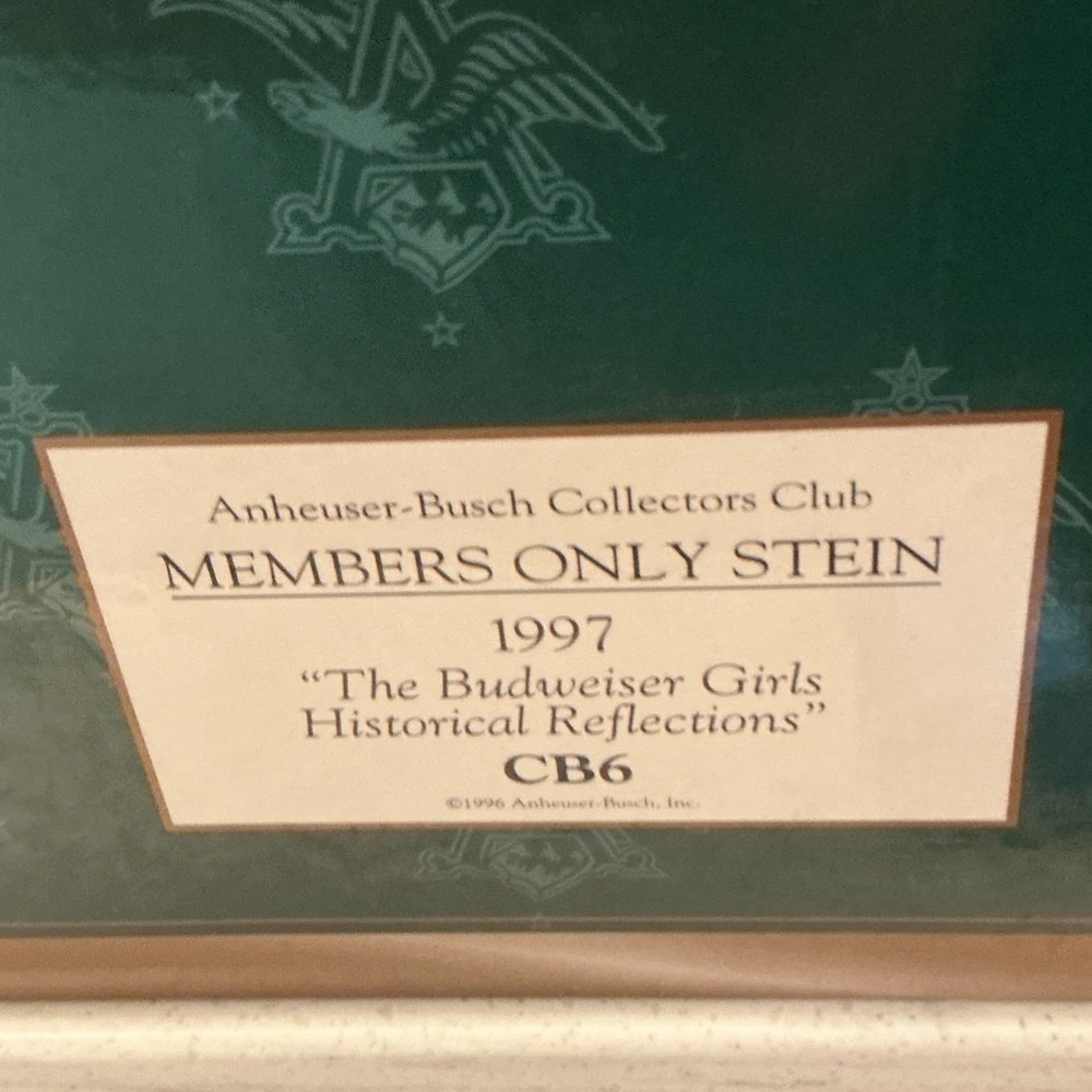 1997 Budweiser Girls Historical Reflections Stein CB6 Members Only COA Receipt